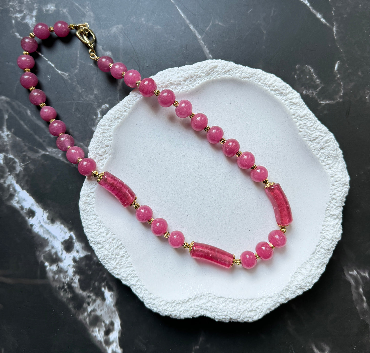 Pink Long Glass Beads Necklace