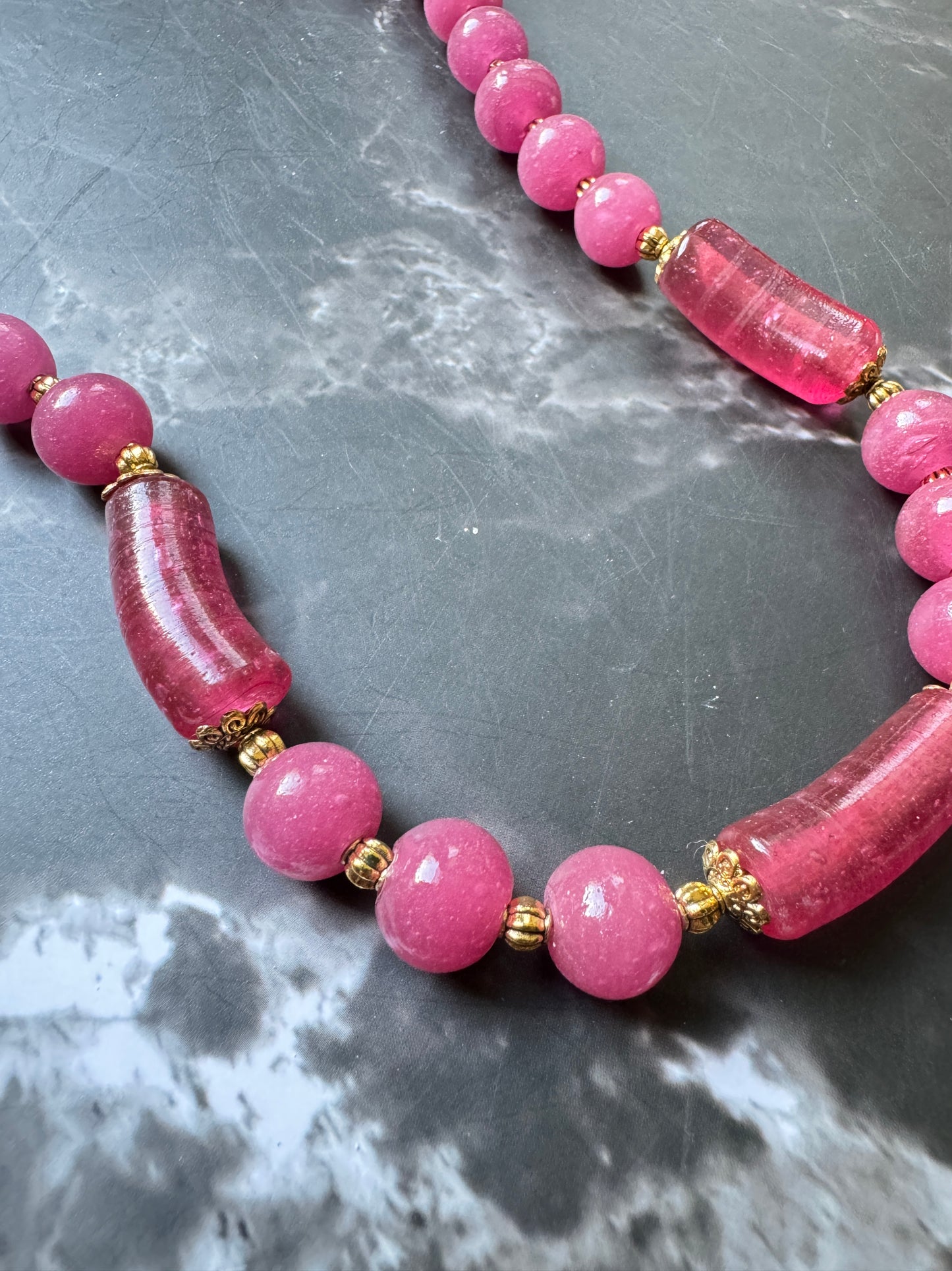Pink Long Glass Beads Necklace