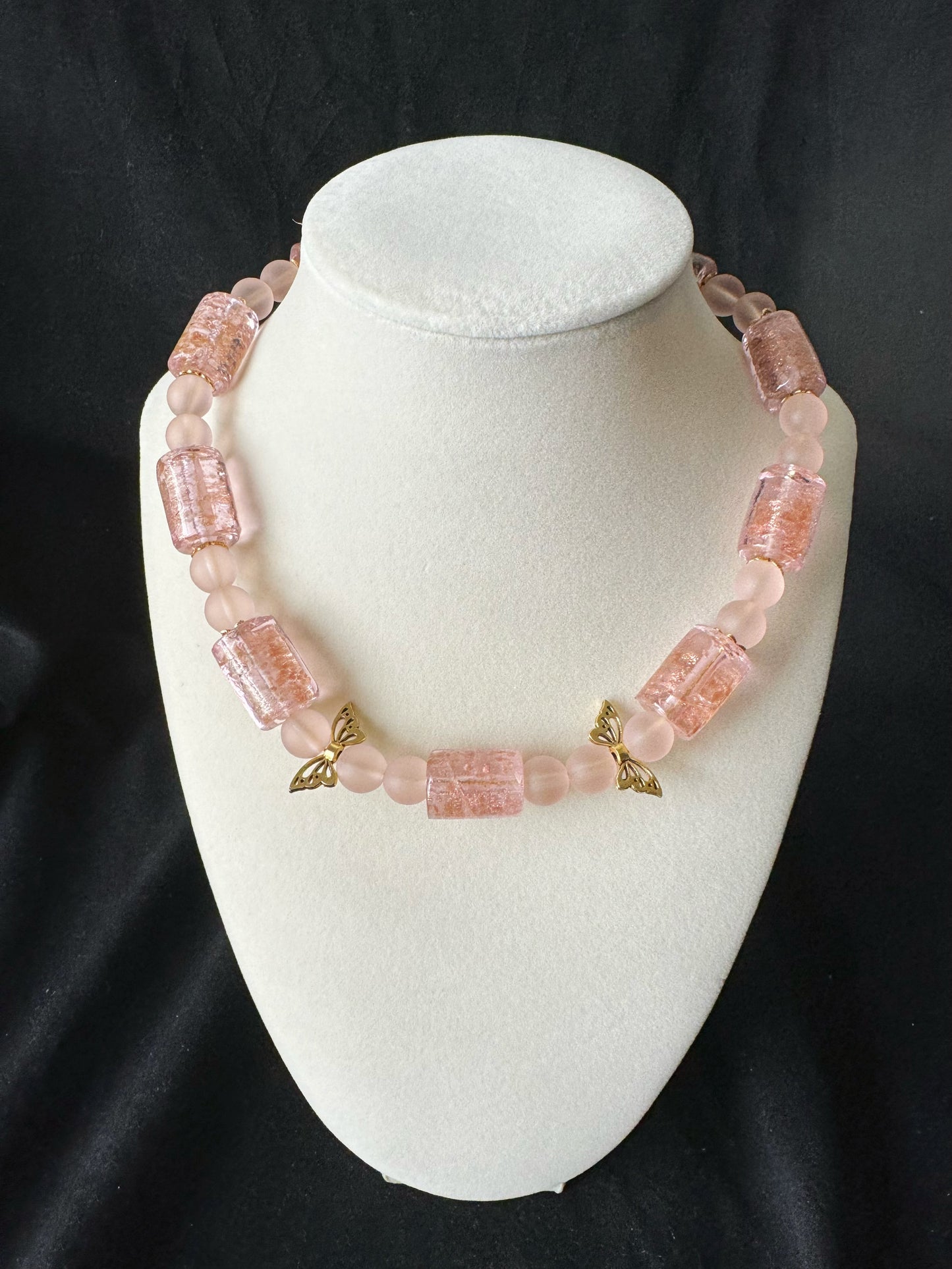 Pink Glaze Necklace with Butterfly