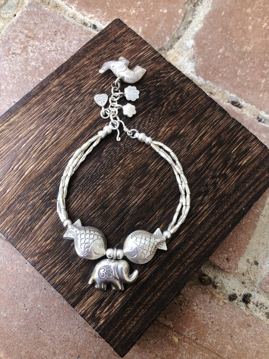 Sterling Silver Fish and Elephant Bracelet, Thai Karen Hill Tribe Silver Bracelet