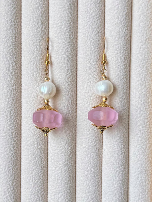 Freshwater Pearls and Pink Colored Glaze Earrings