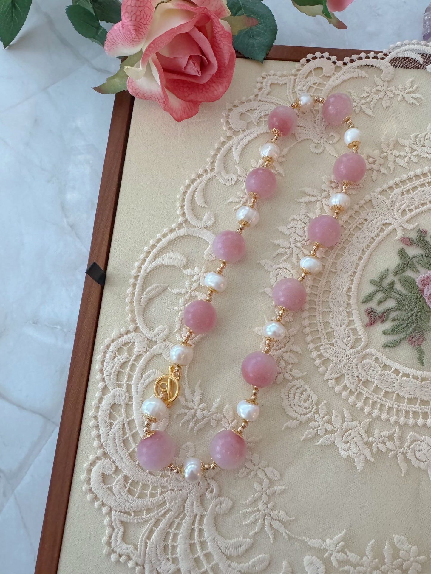 Freshwater Pearls and Pink Colored Glaze Necklace