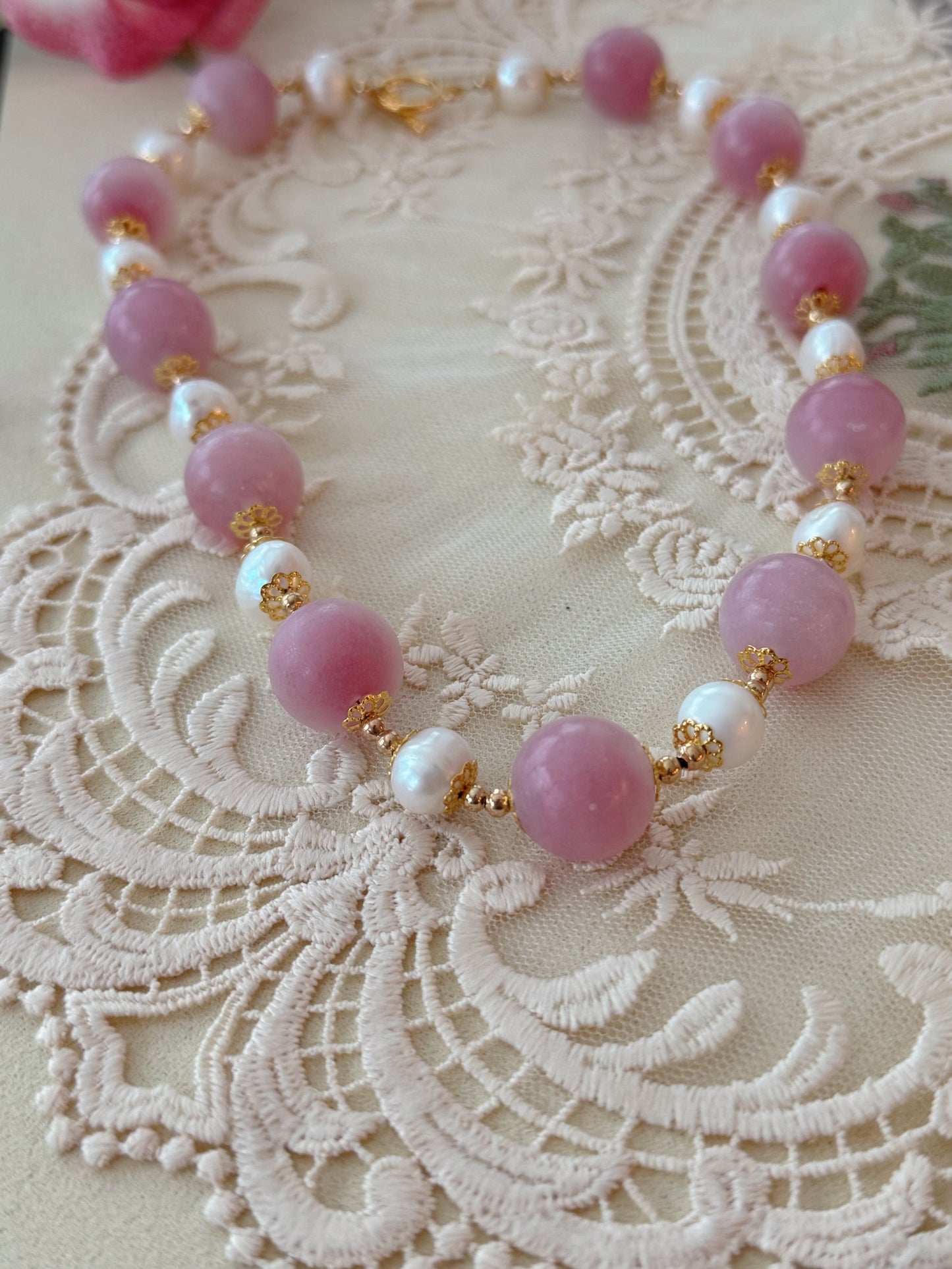 Freshwater Pearls and Pink Colored Glaze Necklace