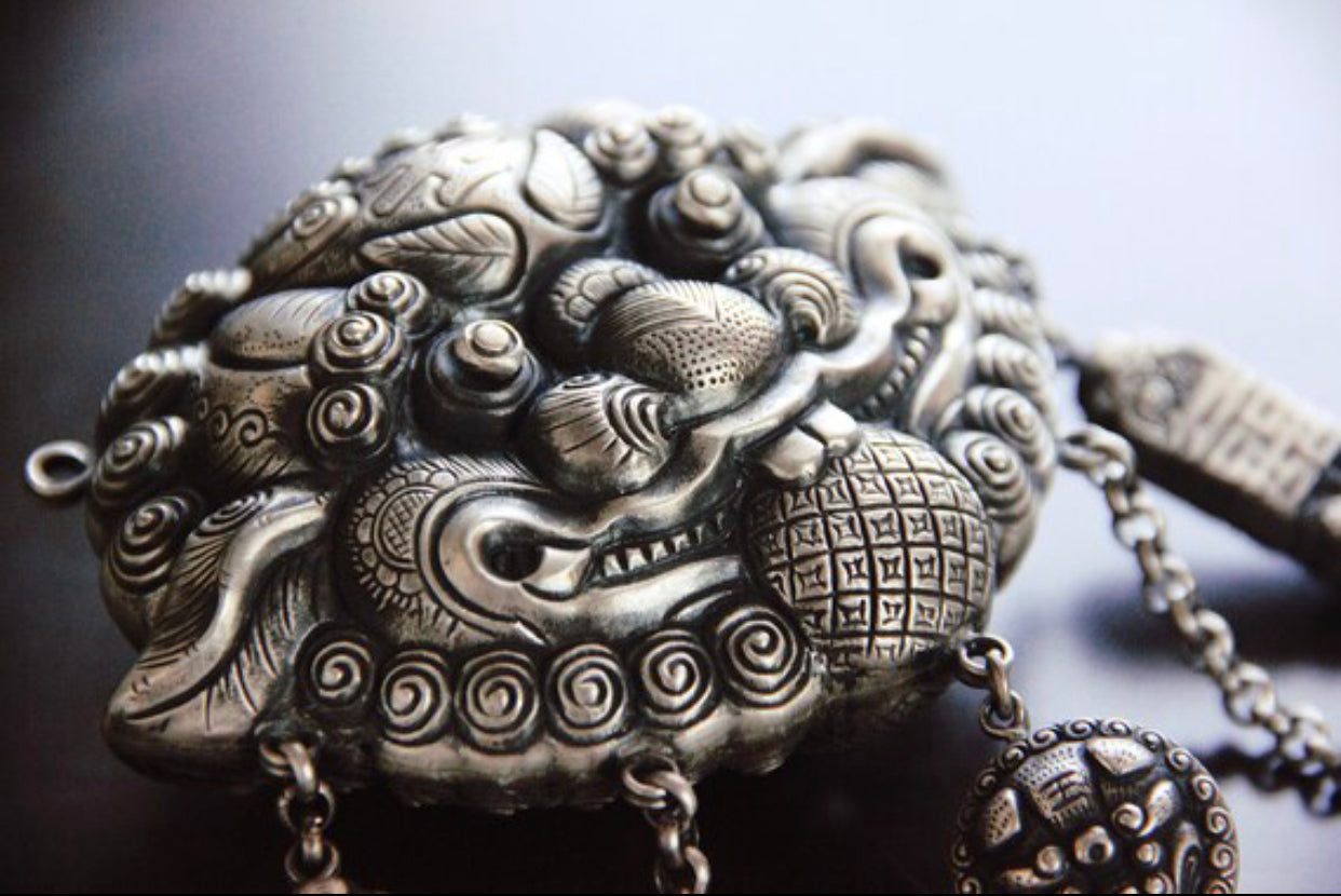 Traditional Chinese Sterling Silver Pendent, Handmade Lion Pendant