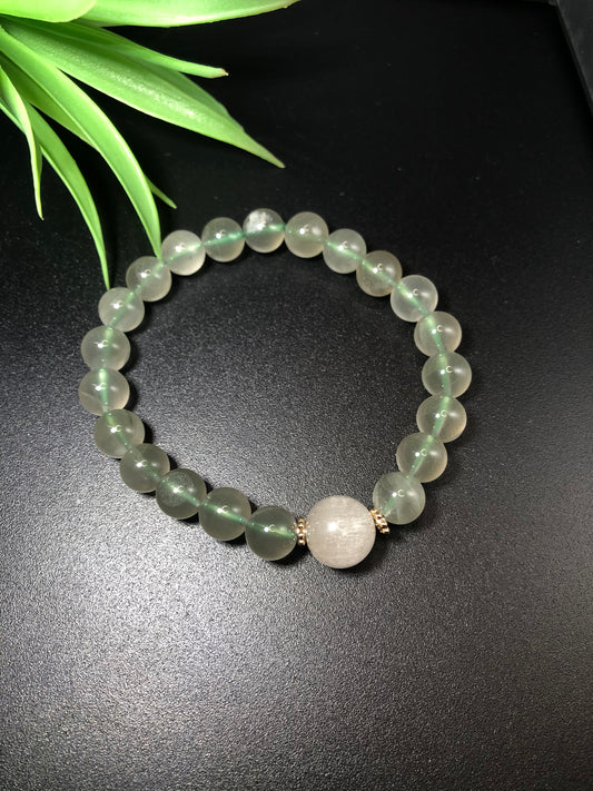 9mm+ Natural Green and White Rutile Quartz Bead Bracelet