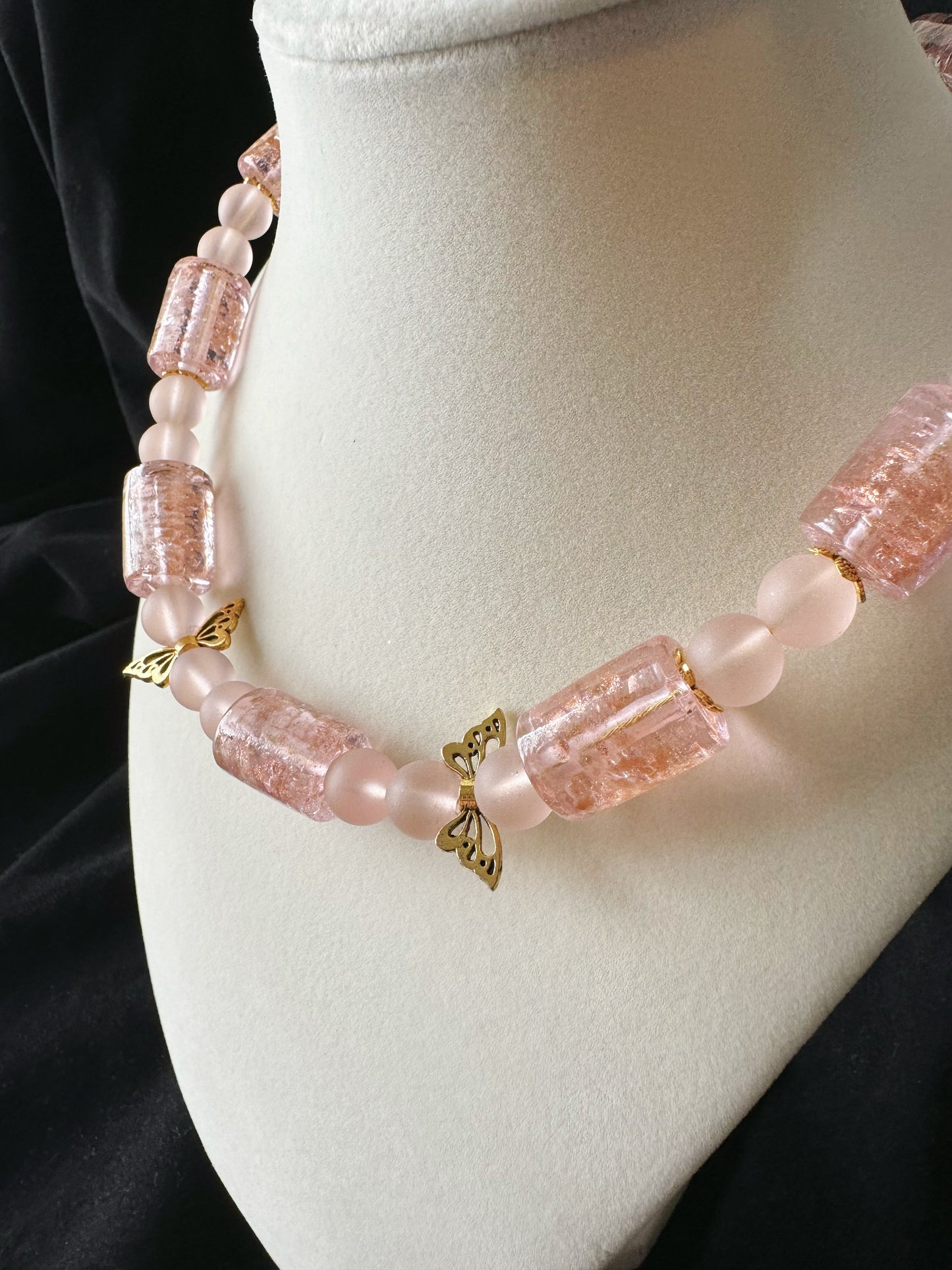 Pink Glaze Necklace with Butterfly