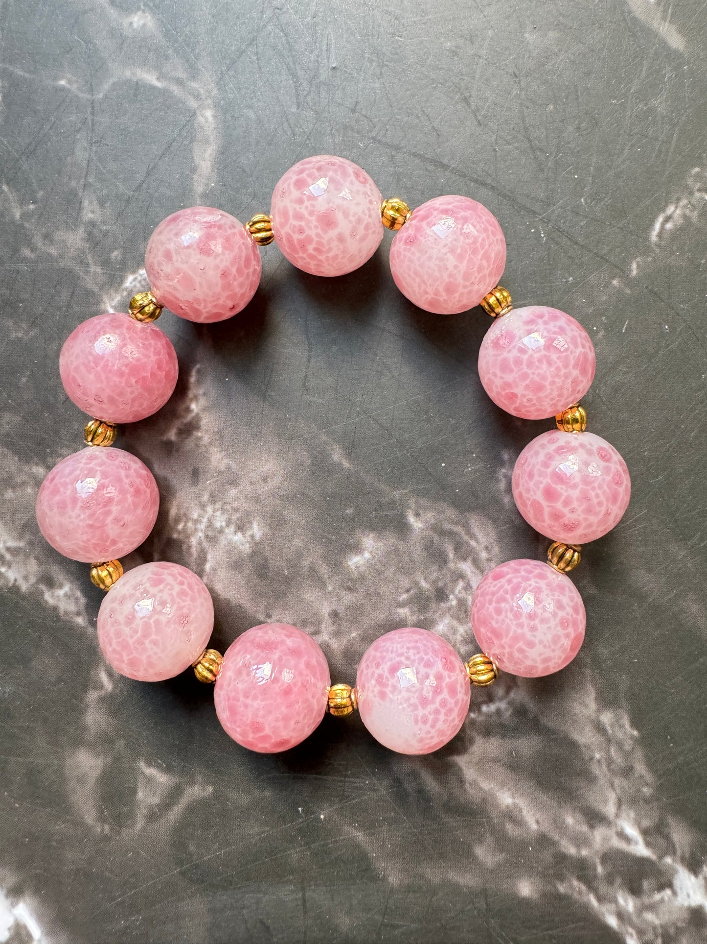 Pink Flower Glass Beads Bracelet