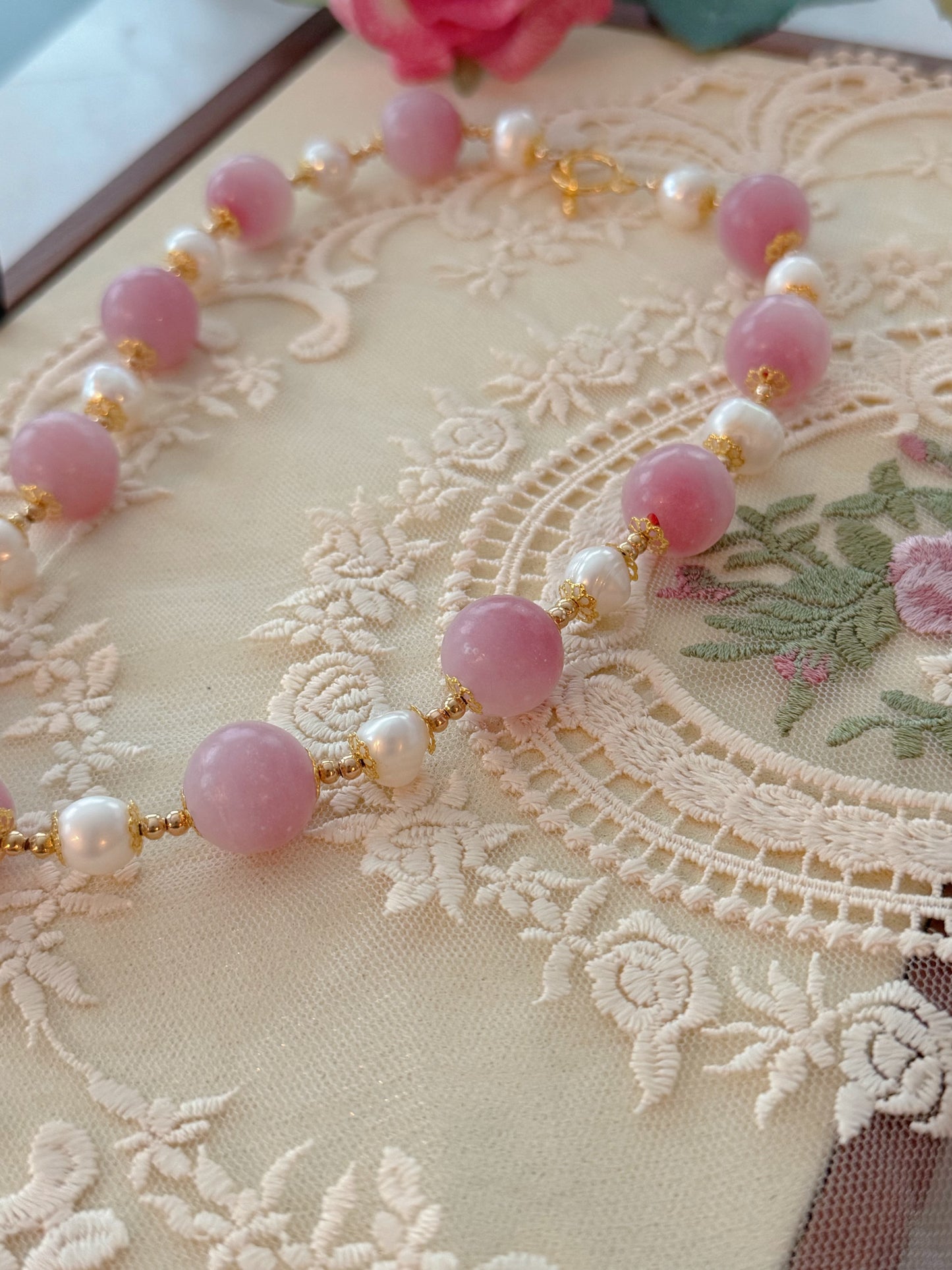 Freshwater Pearls and Pink Colored Glaze Necklace