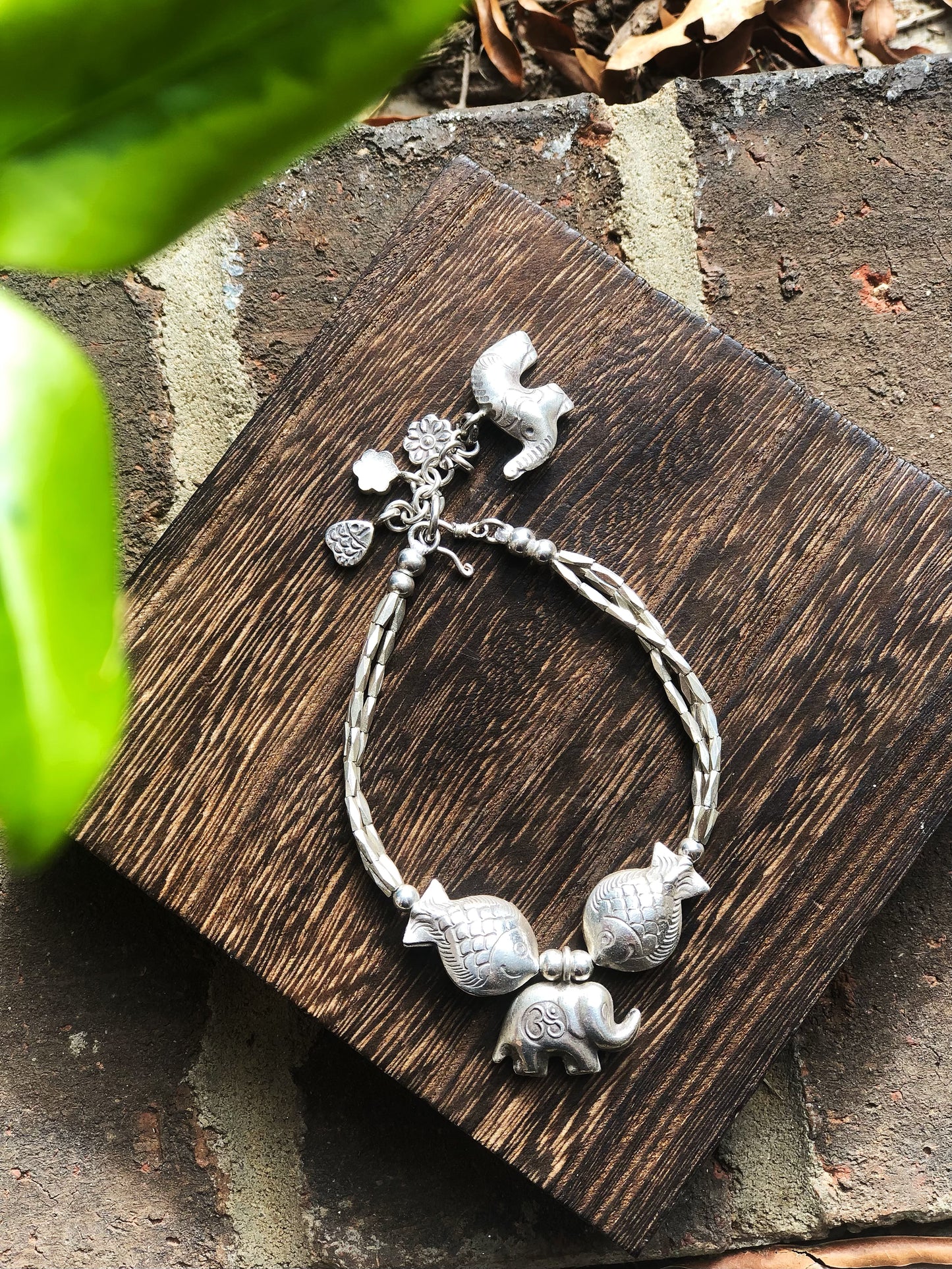 Sterling Silver Fish and Elephant Bracelet, Thai Karen Hill Tribe Silver Bracelet