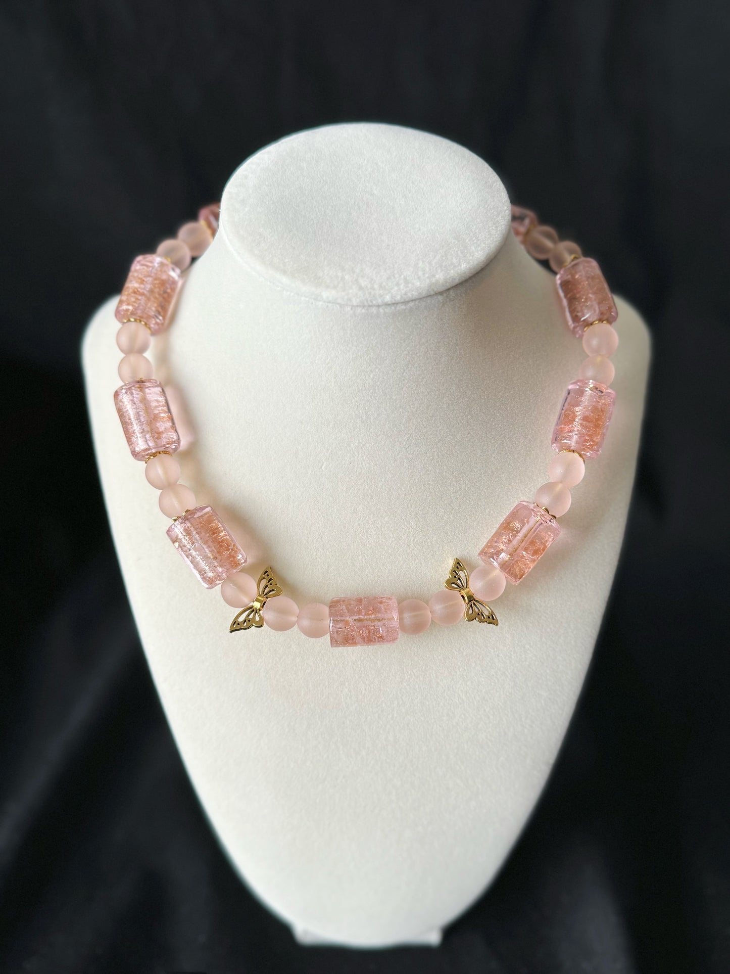 Pink Glaze Necklace with Butterfly