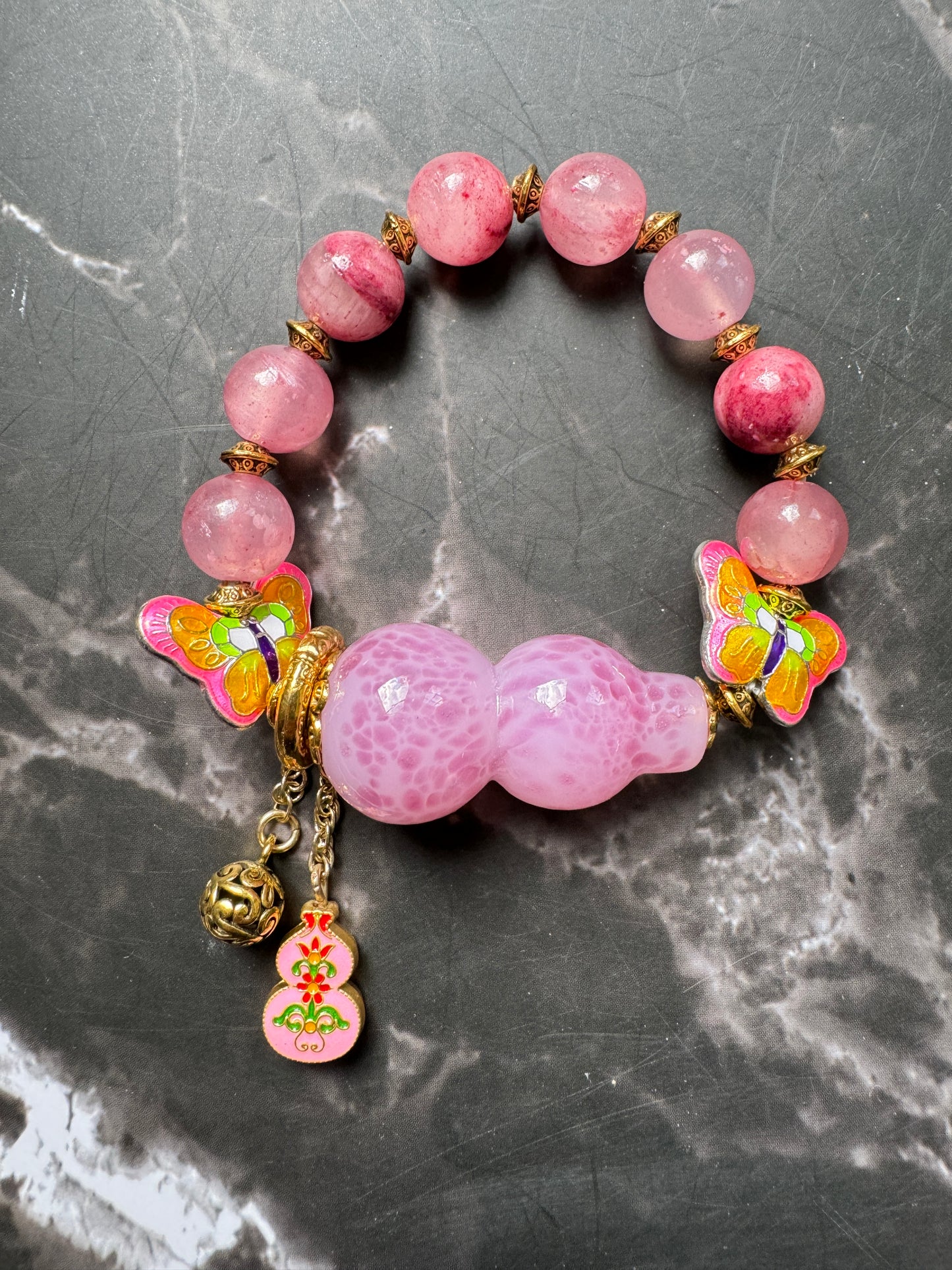 Pink Butterfly Glass Beads Bracelet