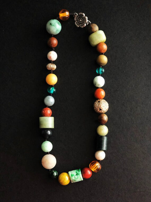 Multitreasure Colorful Jade Beads Necklace, Multicolored Woven Necklace