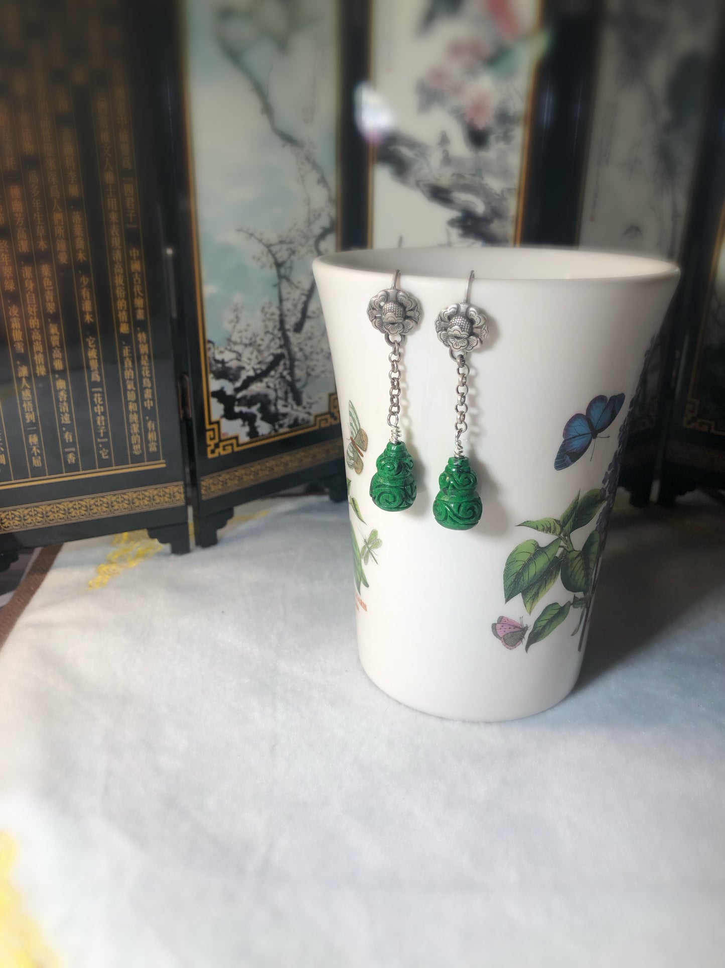 Sterling Silver Earrings, Natrual Jade Earrings, Jade Hulu, Bottle Gourd