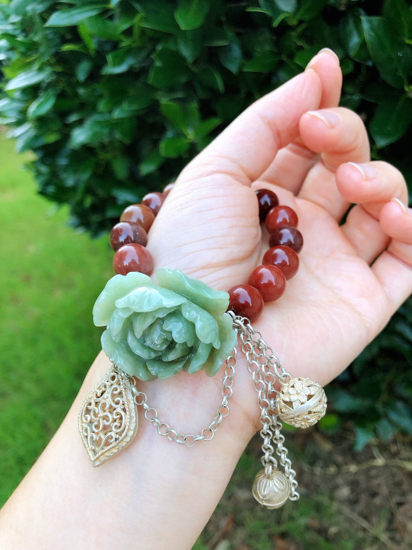 Natural Jade Flower Bracelet, Silver Bracelet