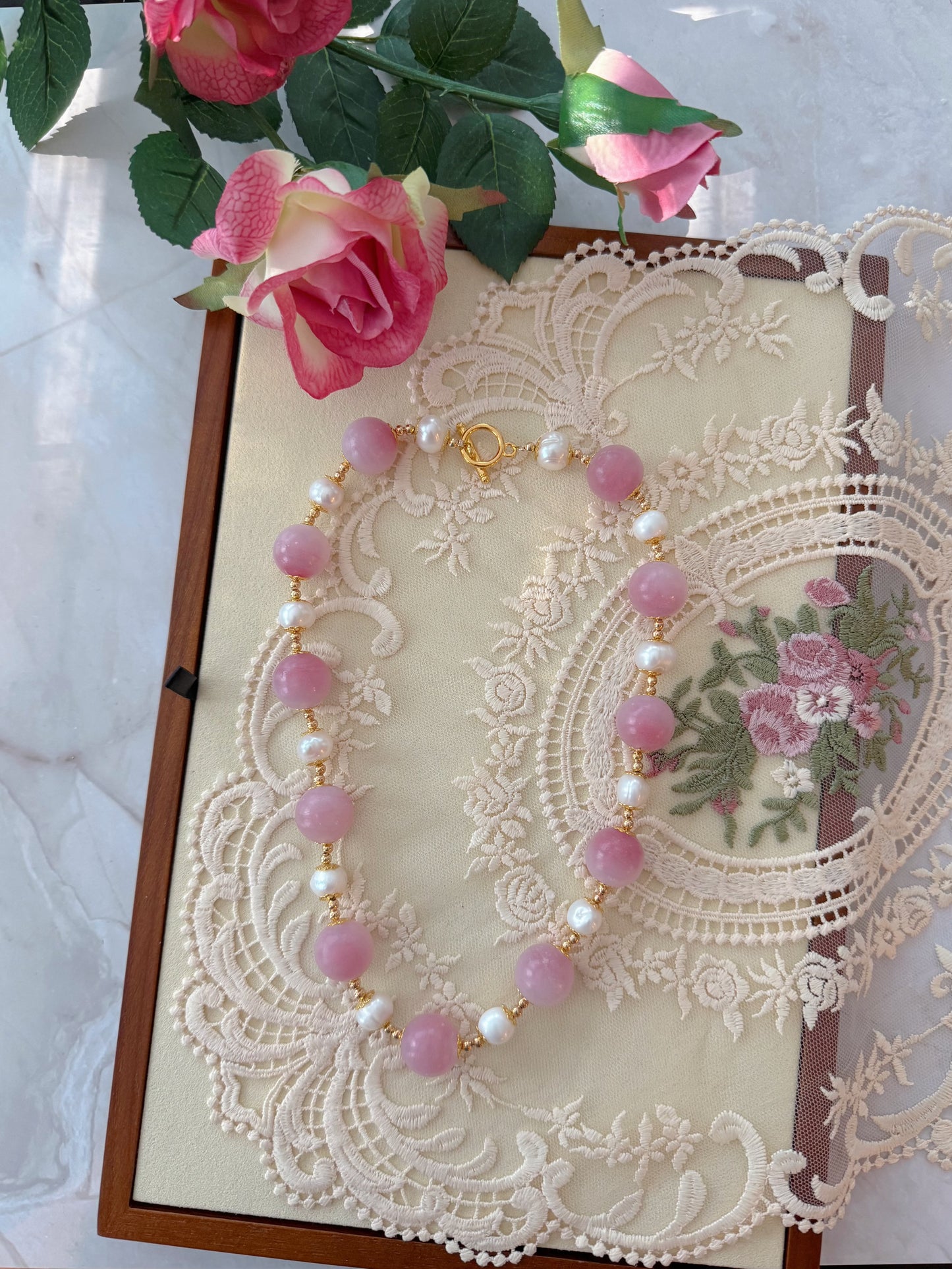 Freshwater Pearls and Pink Colored Glaze Necklace