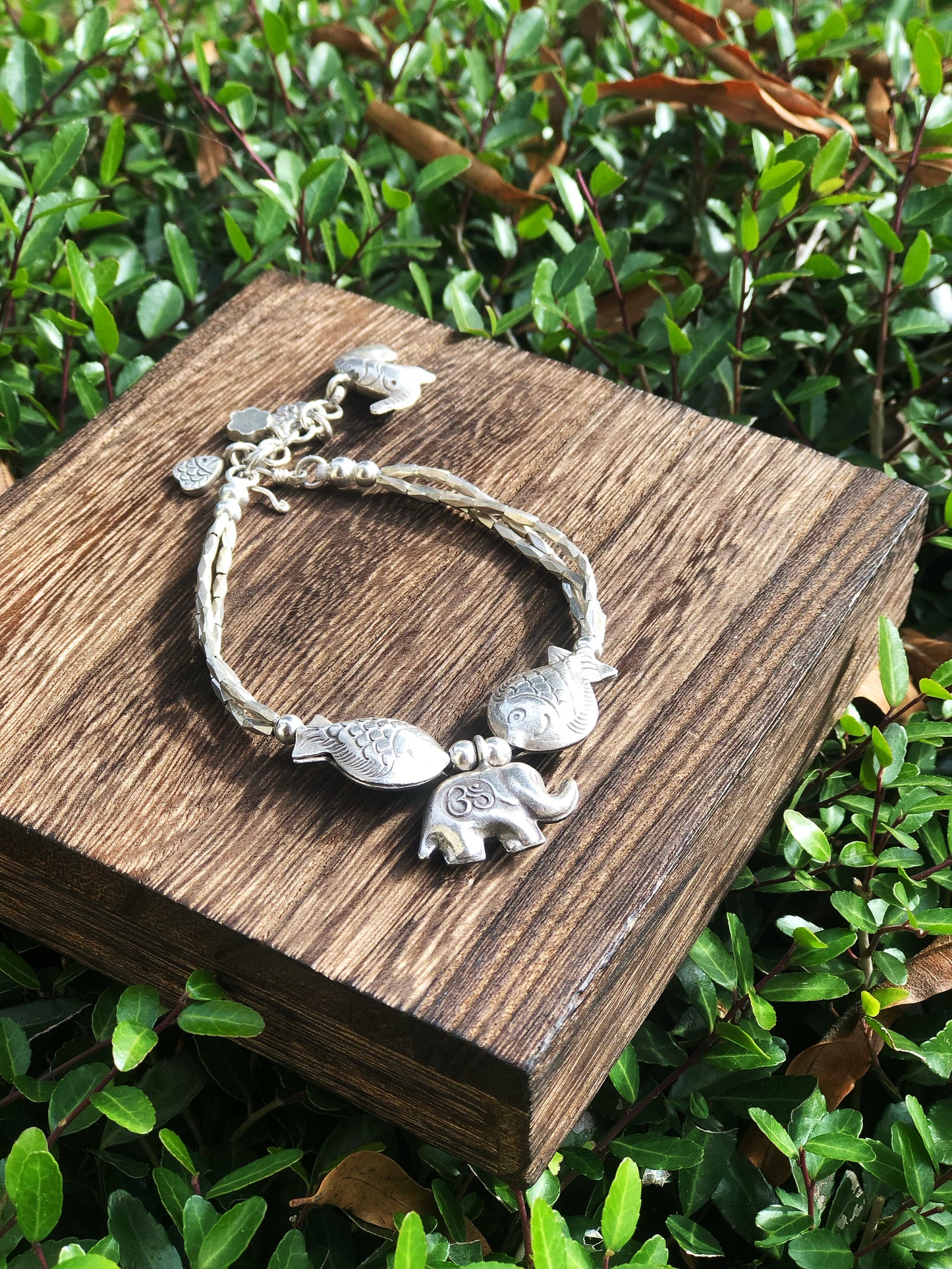 Sterling Silver Fish and Elephant Bracelet, Thai Karen Hill Tribe Silver Bracelet