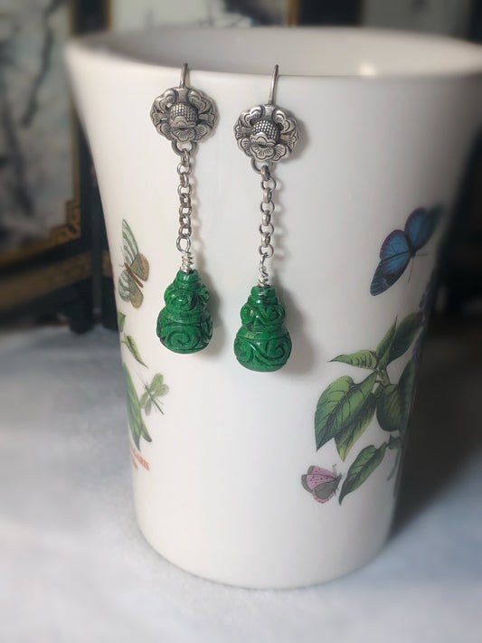 Sterling Silver Earrings, Natrual Jade Earrings, Jade Hulu, Bottle Gourd