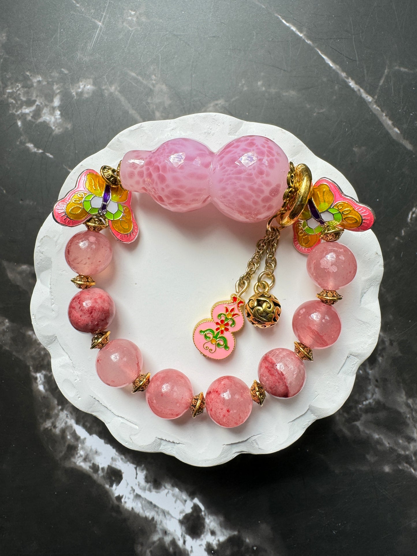 Pink Butterfly Glass Beads Bracelet