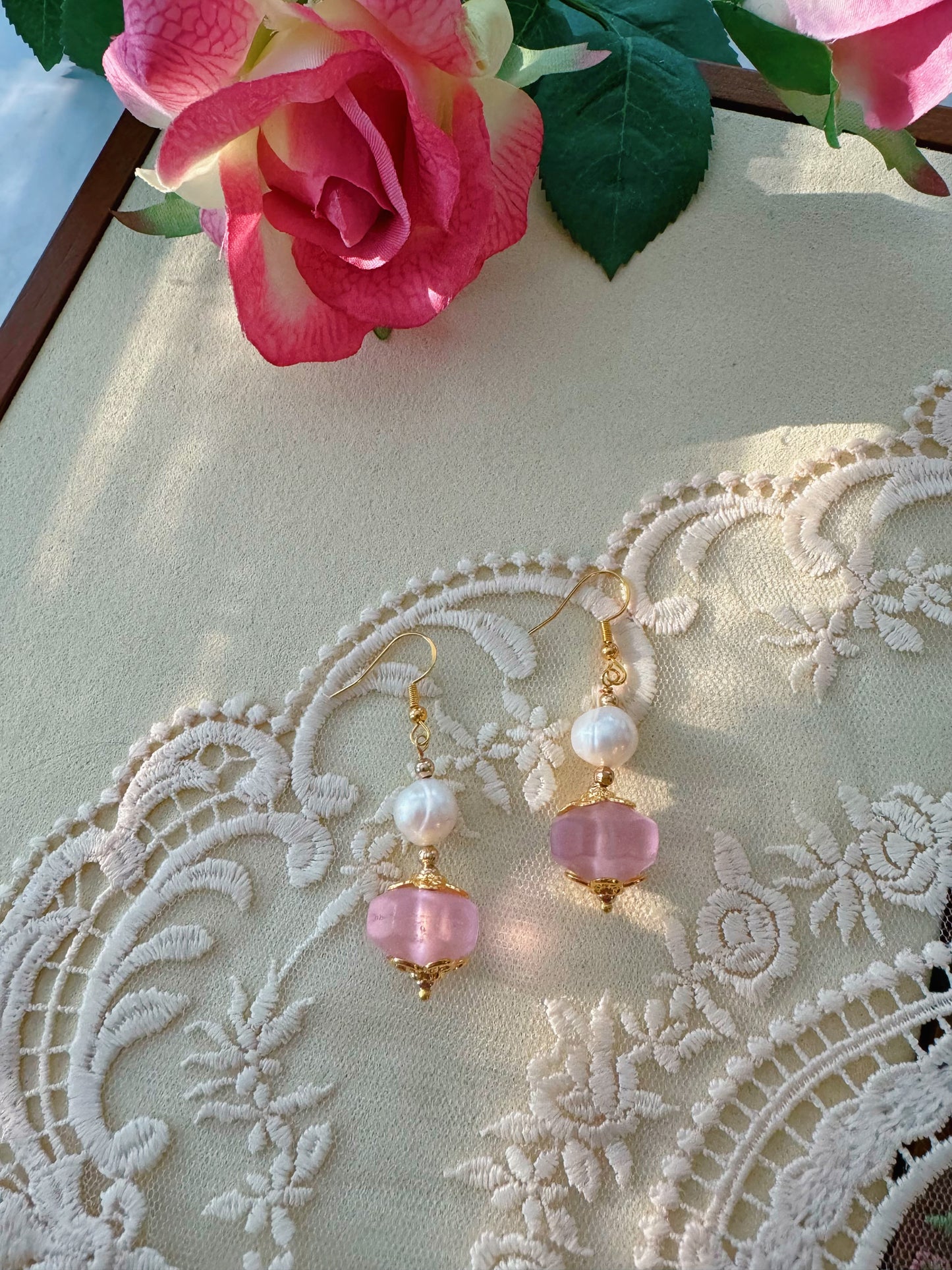 Freshwater Pearls and Pink Colored Glaze Earrings