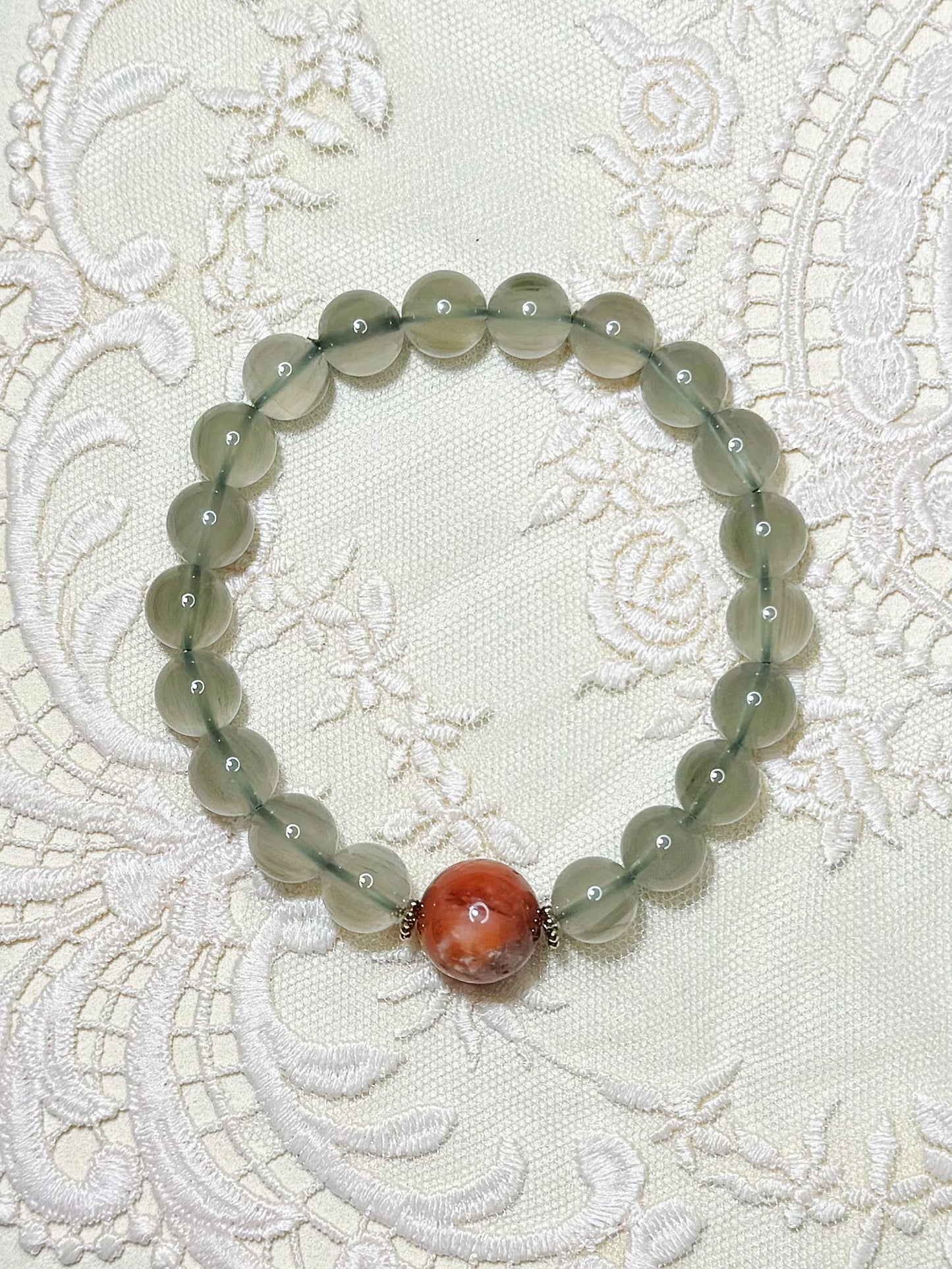 10mm+ Natural Green and Red Rutile Quartz Bead Bracelet