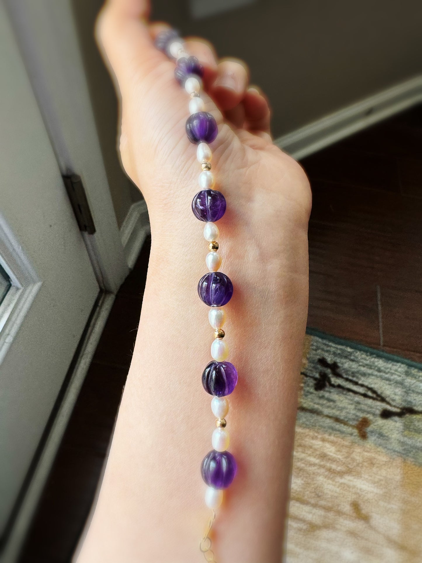 Amethyst Purple Quartz and Fresh Water Pearl Bracelet