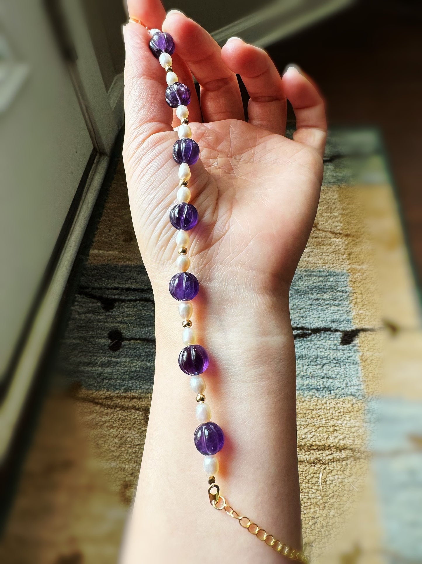 Amethyst Purple Quartz and Fresh Water Pearl Bracelet